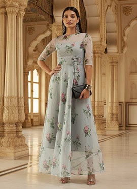 Teen Girls Grey Organza Digital Printed Dress