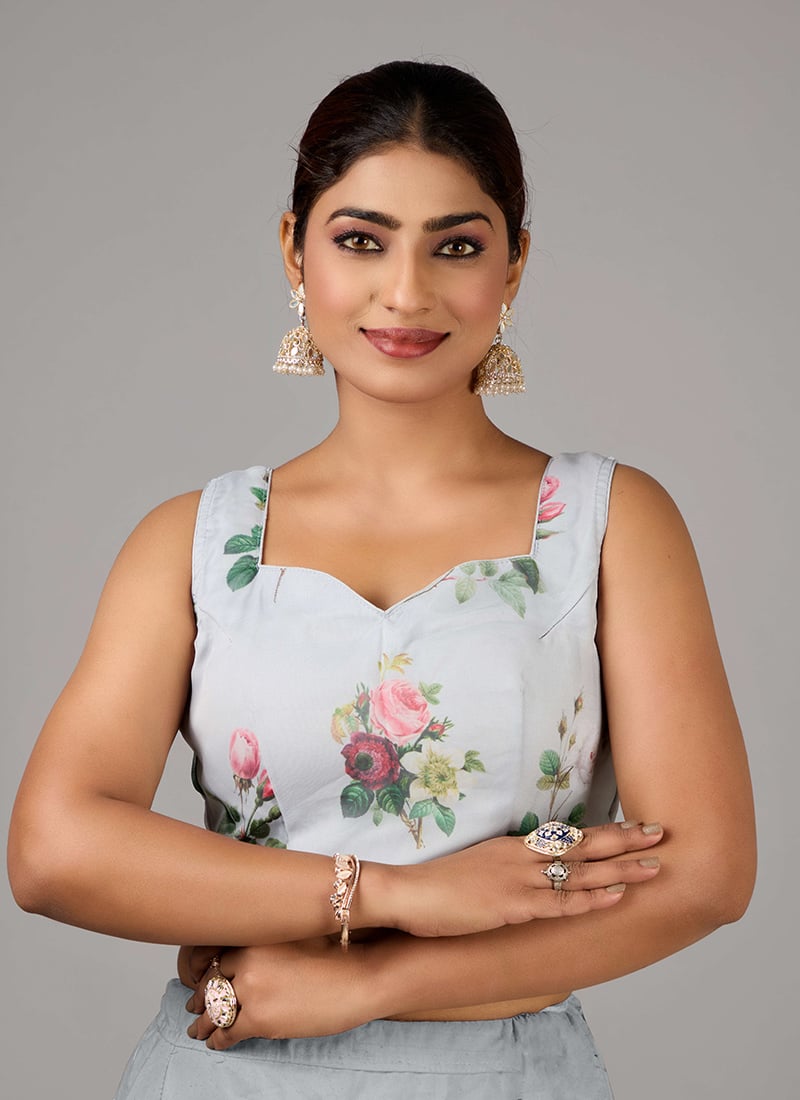 Grey Organza Digital Printed Sleeveless Blouse Festive Wear