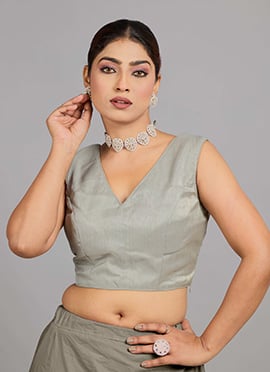 Grey Organza Shimmer V Neck Blouse