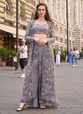 Grey Peach Crepe Silk Embroidered Indowestern Dhoti Set With Jacket