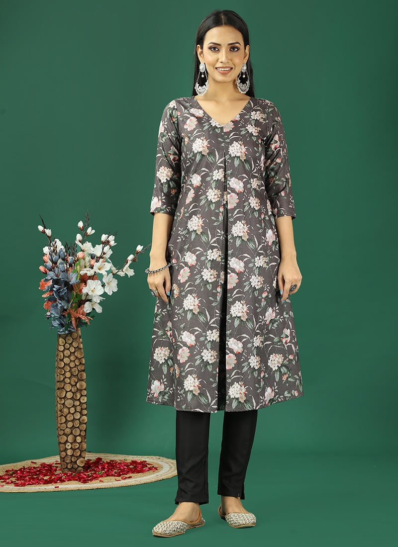 Teen Girls Grey Printed Cotton Box Pleat Style Kurta Set Festive Wear