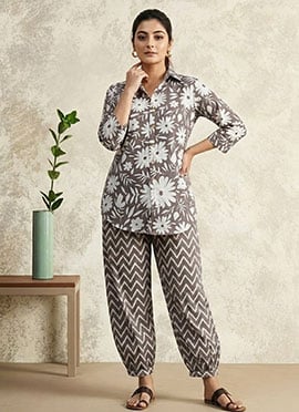 Grey Printed Cotton Co Ord Pant Set