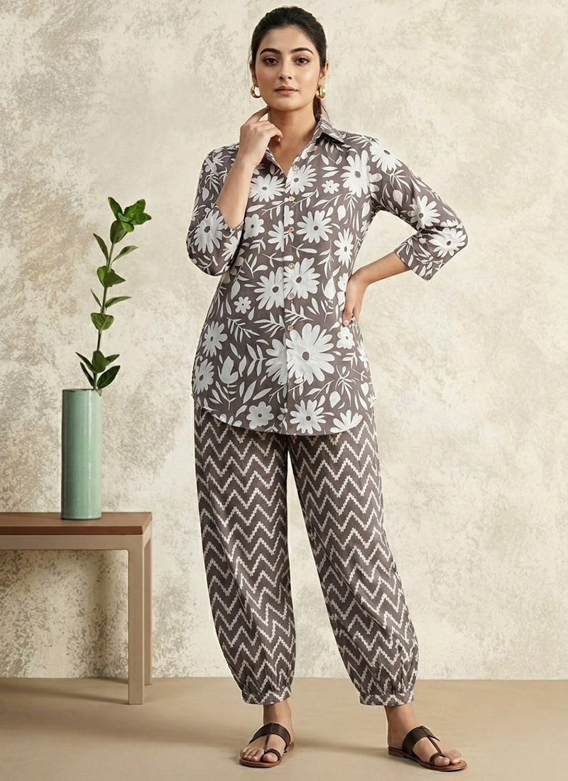 Grey Printed Cotton Co Ord Pant Set After Six Wear