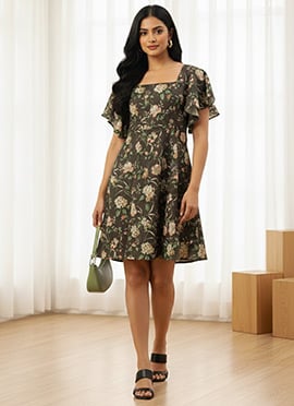 Teen Girls Grey Printed Cotton Dress