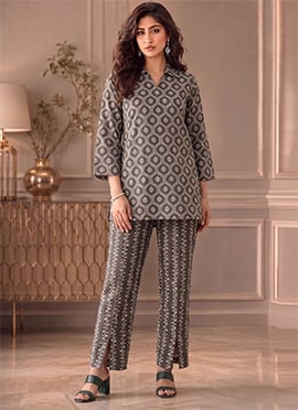 Grey Printed Cotton Straight Top Pant Set