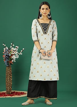 Grey Rayon Foil Printed N Black Kurta Set