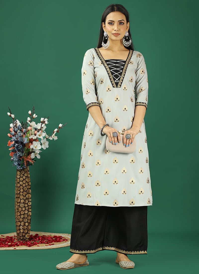 Teen Girls Grey Rayon Foil Printed N Black Kurta Set Festive Wear