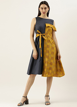 Grey Rayon N Mustard Printed Boat Neck Dress