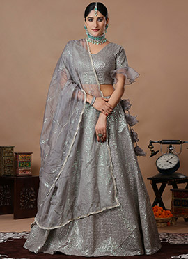 Grey Sequins Embroidered Organza Lehenga Set