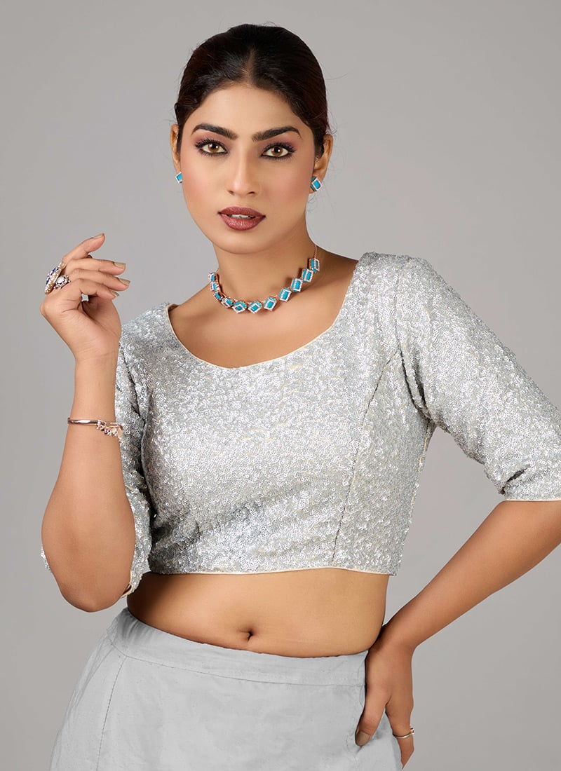 Grey Sequins Embroidered Round Neck Blouse Festive Wear