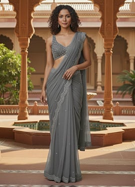Grey Sequins Hand Embroidered Cut Dana Georgette Trendy Saree