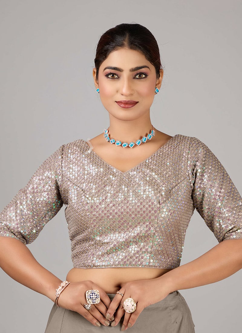 Grey Sequins Organza V Neck Blouse Wedding Wear
