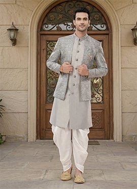 Grey Silk Classic Sherwani Jacquard Zari Print Jacket And Dhoti Style Pants