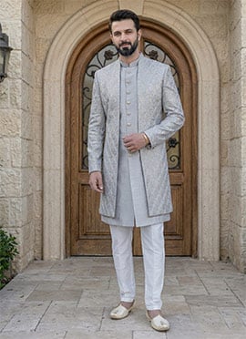 Grey Silk Embroidered Indowestern Sherwani Pakistani Style