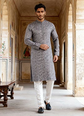 Grey Silk Embroidered Sequins Kurta Pyjama For Men