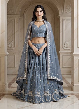 Grey Silk Zari  Gota Embroidered Sequins Lehenga