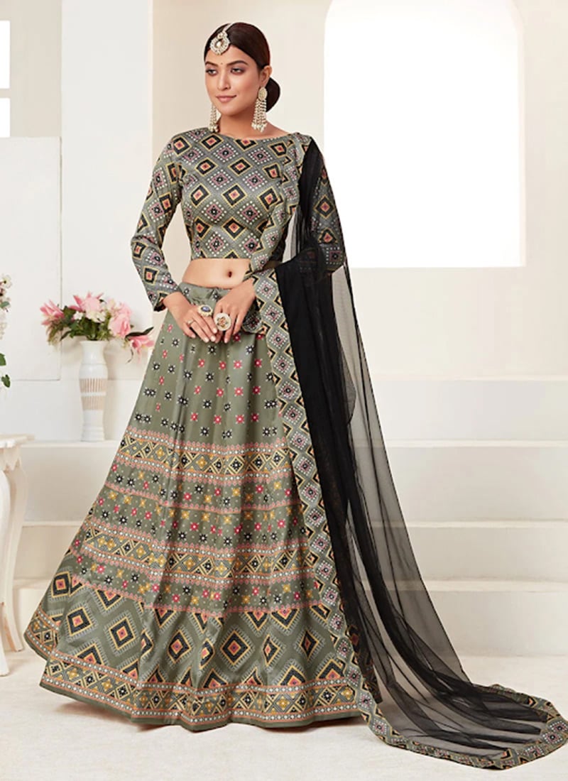 Haihstorm Grey Ajmeri Silk Printed Umbrella Lehenga Party Wear