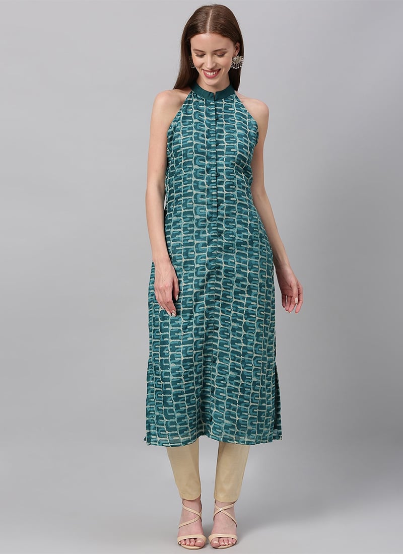 Halter Neckline Teal Blue Cotton Kurti Festive Wear