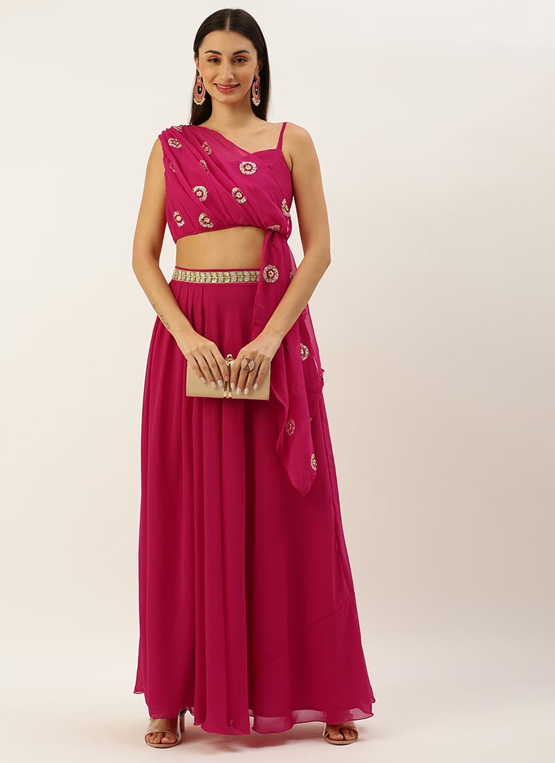Hot Pink Georgette Embroidered Co Ords Set Festive Wear