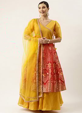 Hot Pink and Yellow Kali Lehenga Set