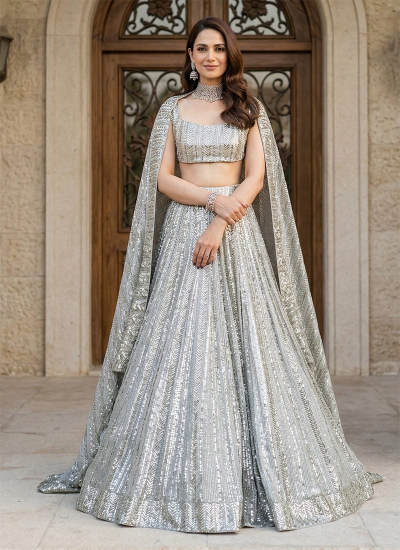 Indian Bridesmaid Wedding Umbrella Lehenga In Grey Georgette Sequins Wedding Wear