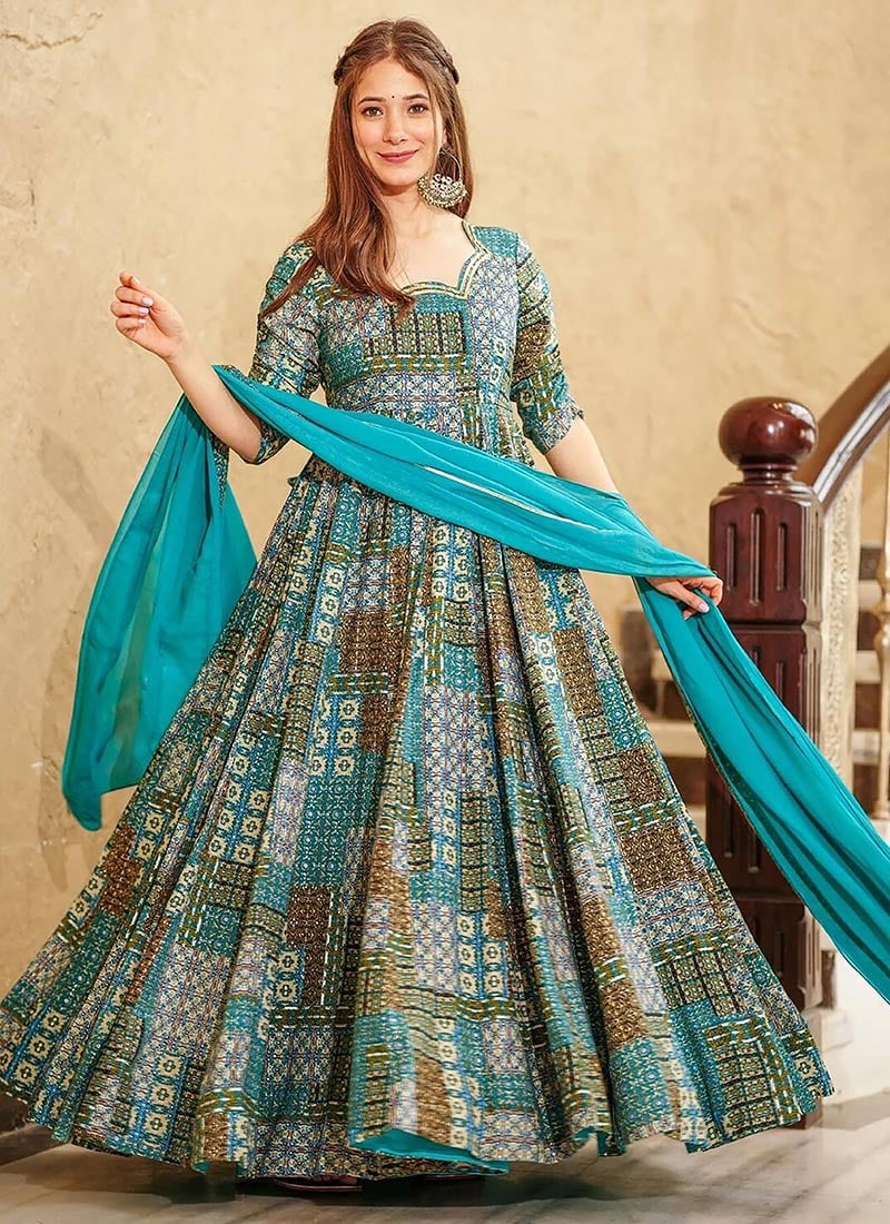 Indian Casual Wear Anarkali Gown In Blue Rayon Digital Print With Dupatta After Six Wear