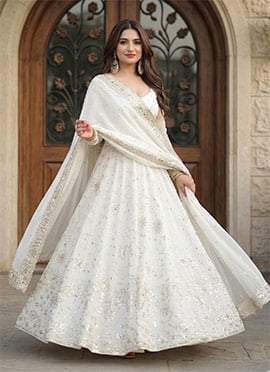 Indian Chic Anarkali Gown In White Georgette Sequins Embroidered And Dupatta