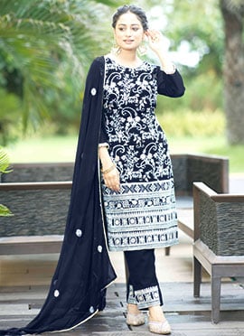 Indian Pakistani Style Blue Georgette Sequins Embroidered Straight Pant Suit