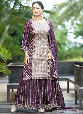 Indian Pakistani Style Deep Wine Sequins Embroidered Sharara Suit