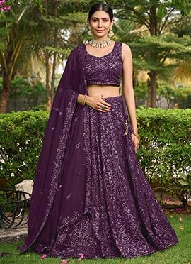 Indian Umbrella Lehenga In Purple Georgette Embroidered Sequins