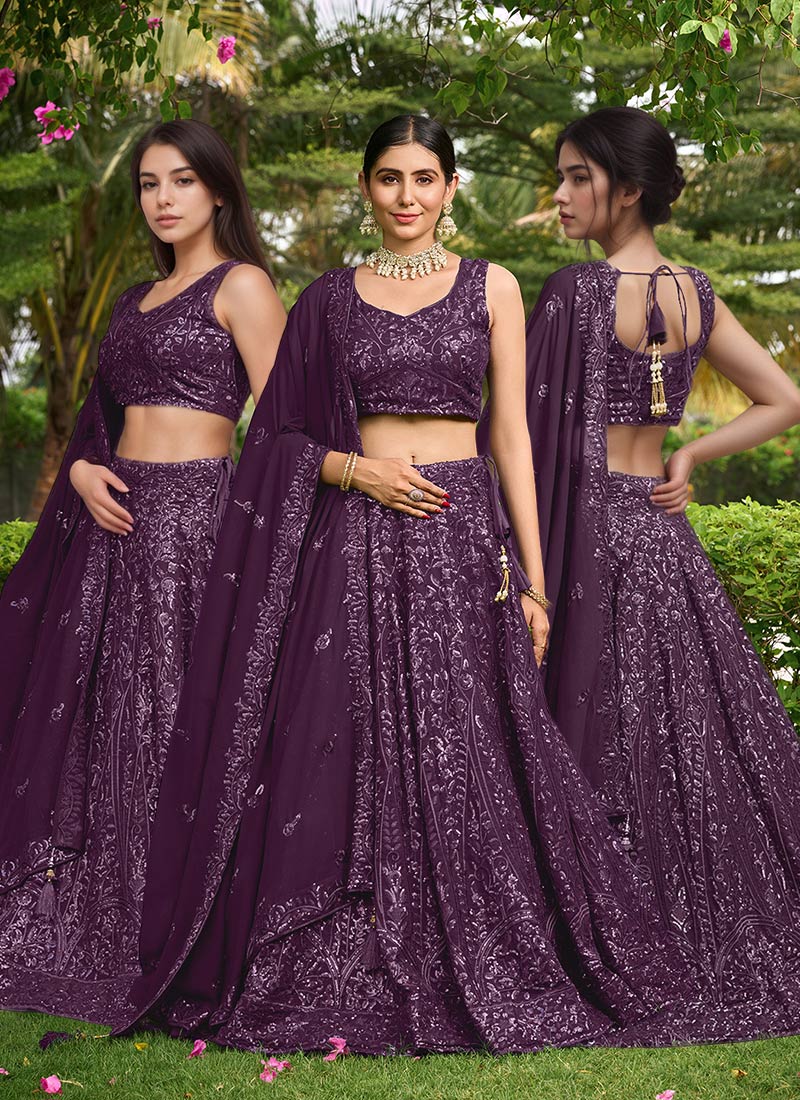 Indian Umbrella Lehenga In Purple Georgette Embroidered Sequins Wedding Wear