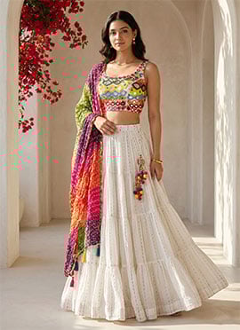 Indian Umbrella Lehenga White Georgette With Choli And Bandhani Dupatta
