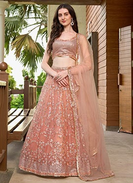 Indian Wedding Style Peach Embroidered Sequins Lehenga Choli