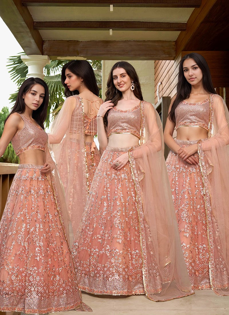 Indian Wedding Style Peach Embroidered Sequins Lehenga Choli Wedding Wear