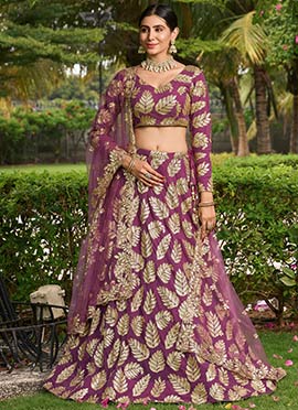 Indian Wedding Umbrella Lehenga In Purple Georgette Zari Embroidered Sequins