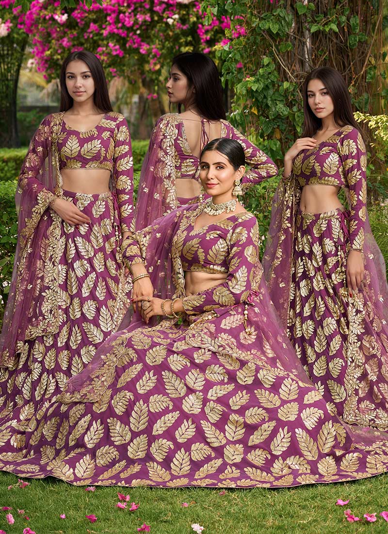 Indian Wedding Umbrella Lehenga In Purple Georgette Zari Embroidered Sequins Wedding Wear