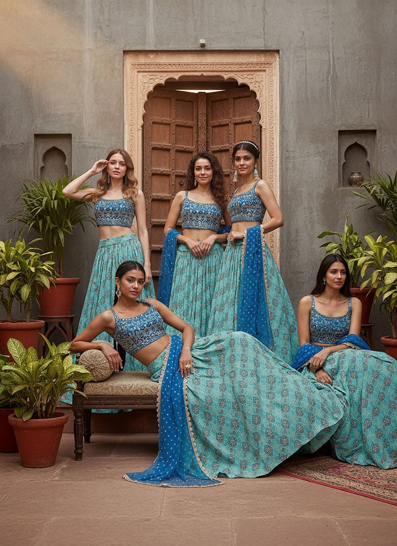 Indian Women Umbrella Lehenga In Blue Silk Zari Embroidered Sequins