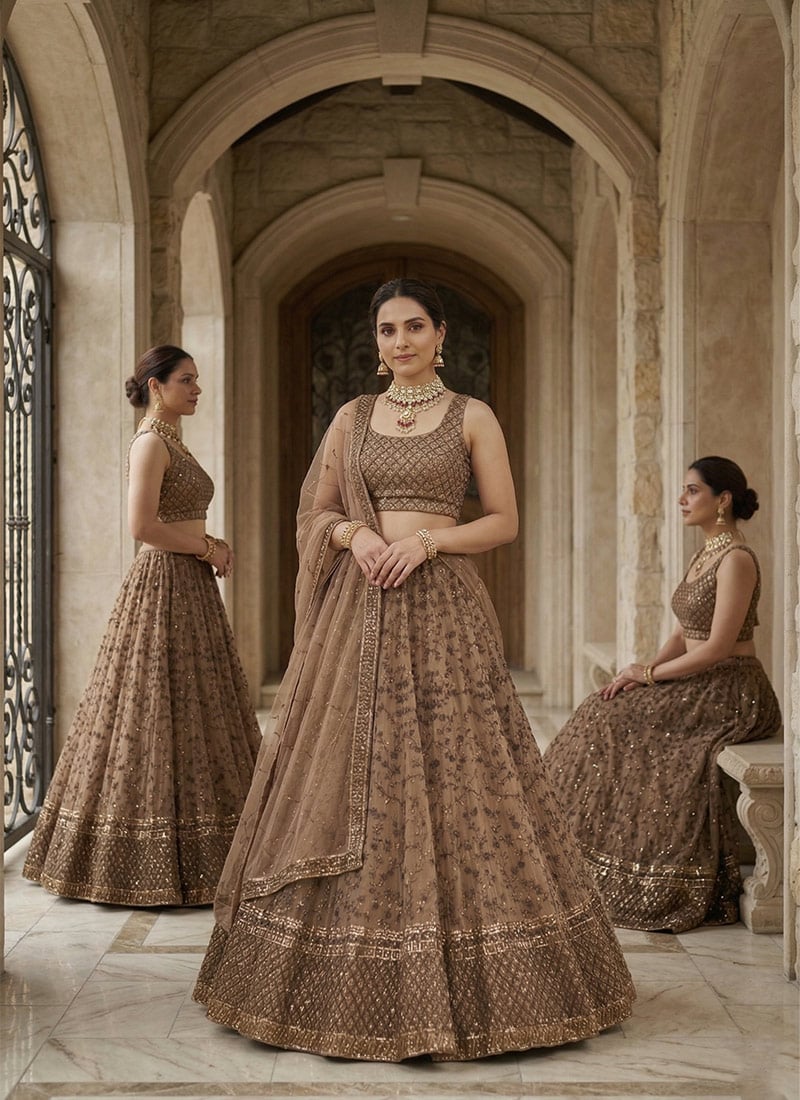 Indian Women Umbrella Lehenga In Brown Net Embroidered Sequins Wedding Wear