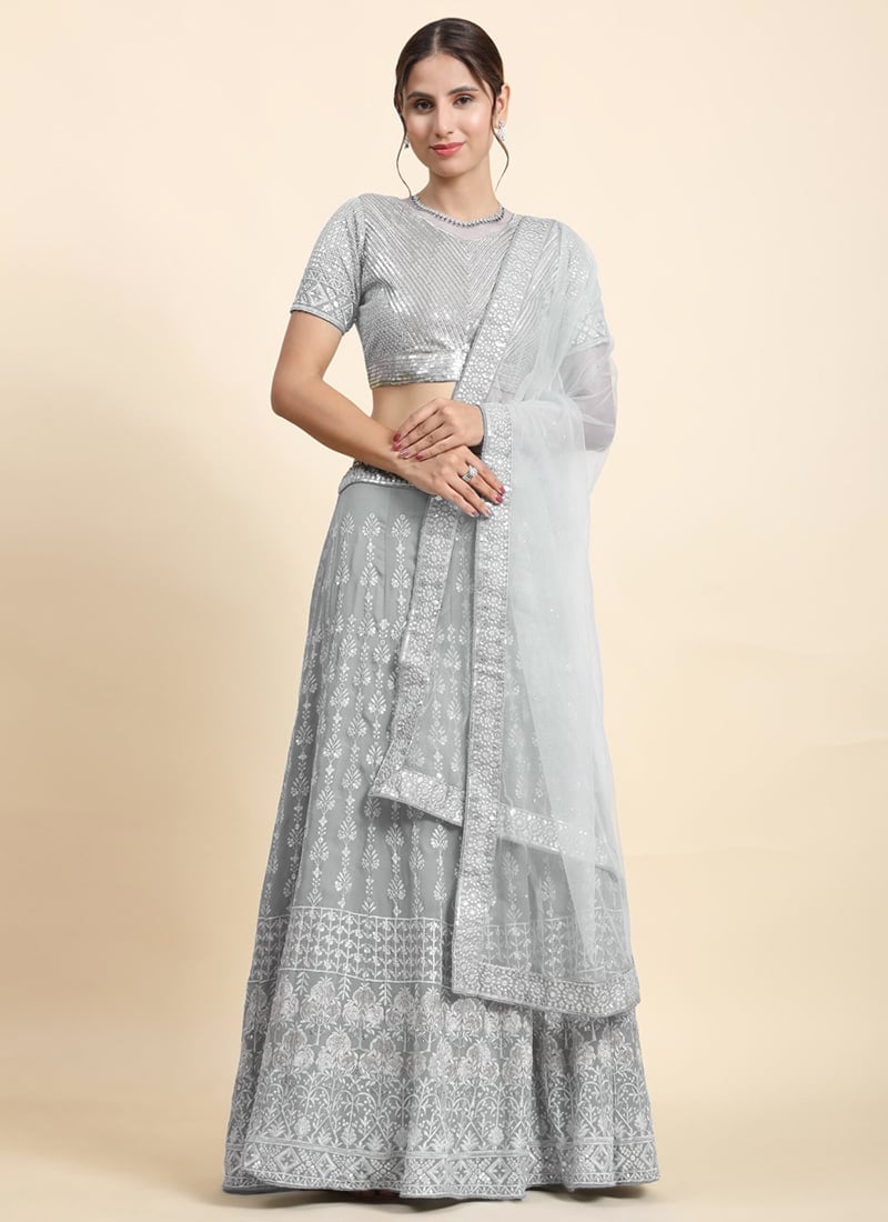 Indian Women Umbrella Lehenga In Grey Faux Georgette Embroidered Sequins Wedding Wear