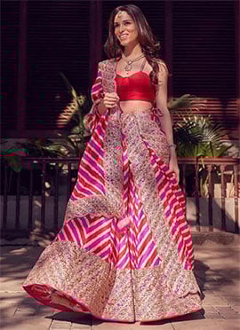 Indian Women Umbrella Lehenga In Pink Georgette Leheriya Print Embroidered