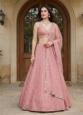 Indian Women Umbrella Lehenga In Pink Satin Embroidered Sequins
