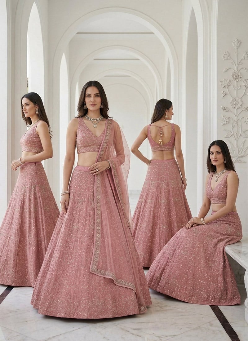 Indian Women Umbrella Lehenga In Pink Satin Embroidered Sequins Wedding Wear