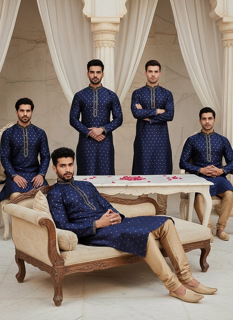 Indigo Blue Jacquard Silk Kurta Pyjama