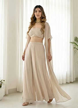 Indowestern Co ord Set In Beige Georgette Zari And Long Shrug Stylish Women