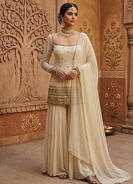 Ivory Georgette Zari Sequins Sharara Suit