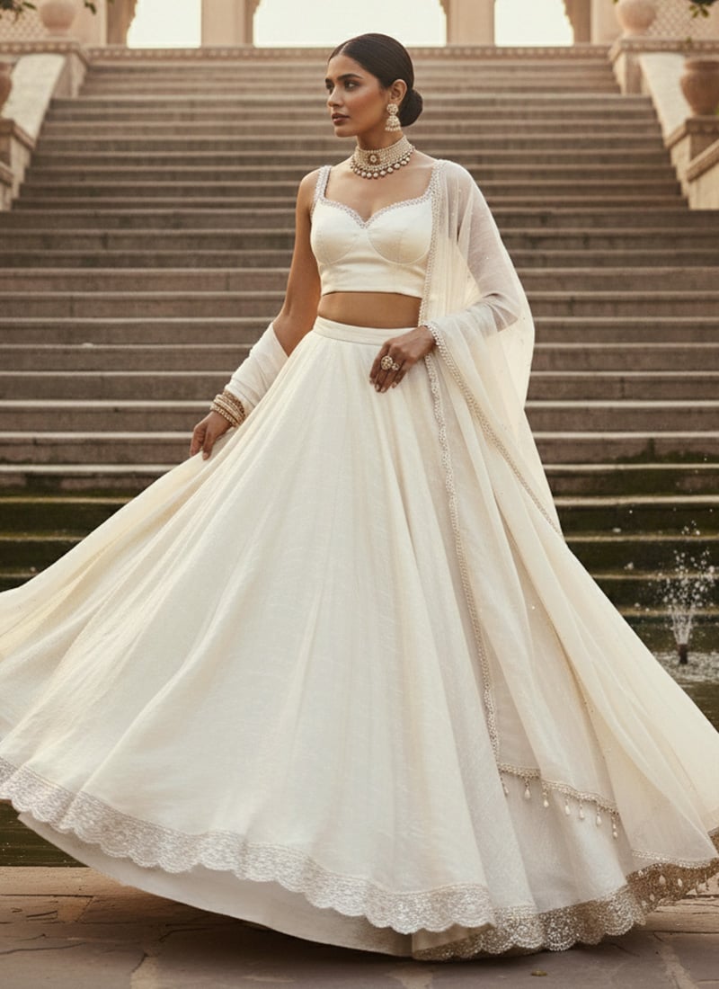 Ivory Silk Flared Umbrella Lehenga Wedding Wear