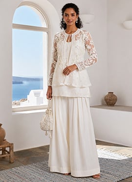 Ivory Silk Hand Embroidered Indowestern Jacket Palazzo Set