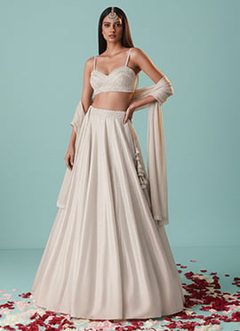 Ivory Silk Hand Embroidered Stone Work Lehenga