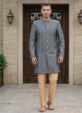 Jacquard Silk Embroidered Indowestern Sherwani