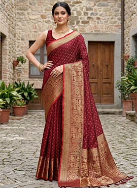 Jacquard Zari Woven Maroon Silk Saree